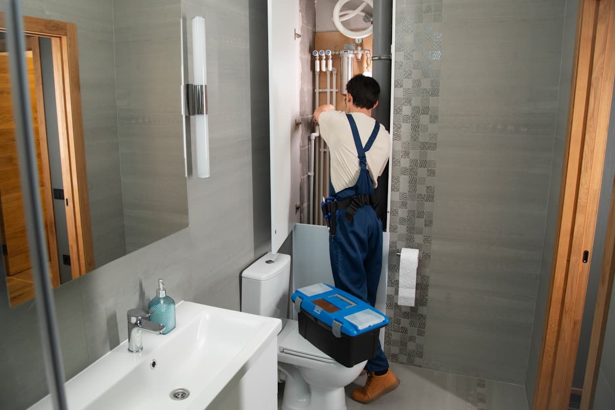 Plumber in overalls working on pipes in a residential bathroom, toolbox beside the sink.